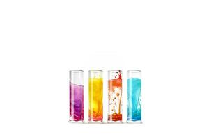 3d illustratie van vier epruvetes met kleurrijk vloeistoffen geïsoleerd Aan wit achtergrond foto