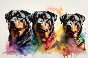 reeks van honden ras rottweiler geschilderd in realistisch kleurrijk regenboog waterverf Aan wit achtergrond foto