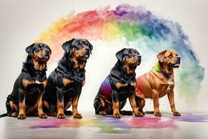 reeks van honden ras rottweiler geschilderd in realistisch kleurrijk regenboog waterverf Aan wit achtergrond foto