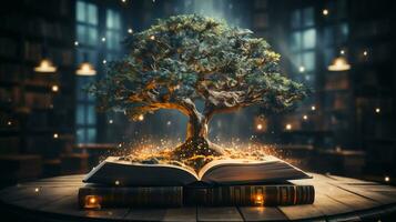 abstract boom groeit van een boek. mentaal opleiding en onderwijs concept foto