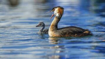 kuif- fuut, podiceps cristatus, eend en baby foto