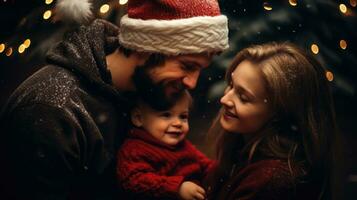 familie is klaar naar Welkom Kerstmis en nieuw jaar in de buurt Kerstmis boom foto