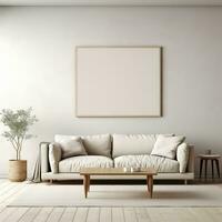 minimalistische leven kamer artiest kader Aan beige tapijt ai gegenereerd foto