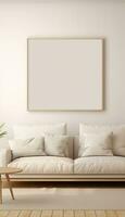 minimalistische leven kamer artiest kader Aan beige tapijt ai gegenereerd foto