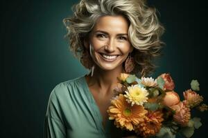 een vrouw met grijs haar- houdt bloemen. ai-gegenereerd foto