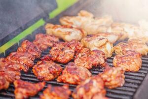 Koken vlees Aan de grillen. picknick, straat voedsel. diner. foto