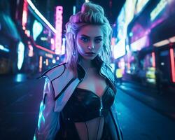 een foto van een meisje in een neon-verlicht cyberpunk kleding in een futuristische stadsgezicht Bij nacht ai generatief