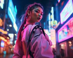 een foto van een meisje in een neon-verlicht cyberpunk kleding in een futuristische stadsgezicht Bij nacht ai generatief