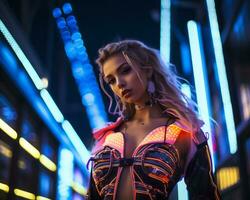 een foto van een meisje in een neon-verlicht cyberpunk kleding in een futuristische stadsgezicht Bij nacht ai generatief