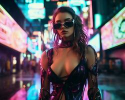 een foto van een meisje in een neon-verlicht cyberpunk kleding in een futuristische stadsgezicht Bij nacht ai generatief