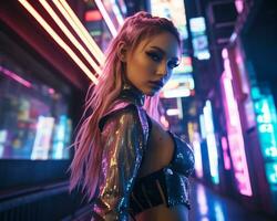 een foto van een meisje in een neon-verlicht cyberpunk kleding in een futuristische stadsgezicht Bij nacht ai generatief