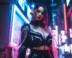 een foto van een meisje in een neon-verlicht cyberpunk kleding in een futuristische stadsgezicht Bij nacht ai generatief