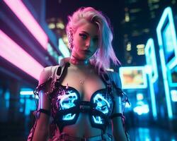 een foto van een meisje in een neon-verlicht cyberpunk kleding in een futuristische stadsgezicht Bij nacht ai generatief