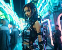 een foto van een meisje in een neon-verlicht cyberpunk kleding in een futuristische stadsgezicht Bij nacht ai generatief