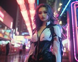 een foto van een meisje in een neon-verlicht cyberpunk kleding in een futuristische stadsgezicht Bij nacht ai generatief