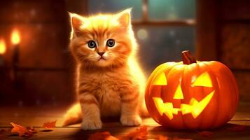 schattig katje met halloween pompoen, illustratie , generatief ai foto