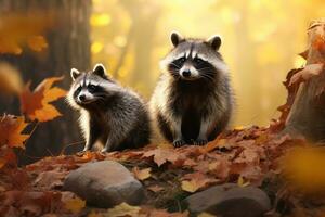 schattig wasbeer in de herfst Woud met herfst bladeren.gemaakt met generatief ai technologie. foto