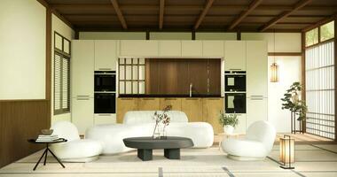minimalistische japans stijl leven kamer versierd met sofa foto