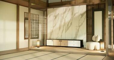 kabinet Japans ontwerp en fauteuil Aan leven kamer zen stijl leeg muur achtergrond. foto