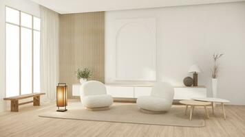 muji minimalistisch, sofa meubilair en modern kamer ontwerp minimaal.3d renderen foto