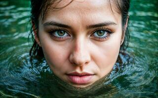 dichtbij omhoog foto van vrouw ondergedompeld in water meer, generatief ai