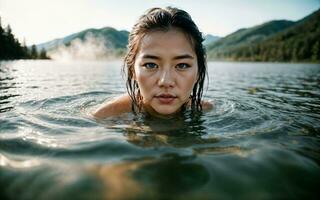 dichtbij omhoog foto van vrouw ondergedompeld in water meer, generatief ai