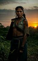 foto van wilde tribal vrouw in de oerwoud, generatief ai