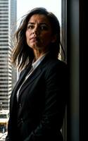 foto van echt kantoor werken vrouw met hoog stijgen gebouw in achtergrond, generatief ai