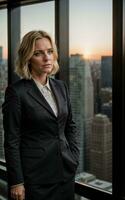 foto van echt kantoor werken vrouw met hoog stijgen gebouw in achtergrond, generatief ai