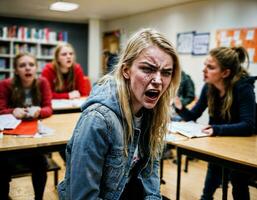 foto van boos meisje tiener in school, generatief ai