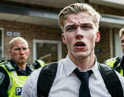foto van boos jongen tiener onder controle met politie, generatief ai