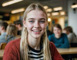 foto van gelukkig meisje tiener in kantine school, generatief ai