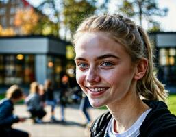 foto van gelukkig meisje tiener in kantine school, generatief ai