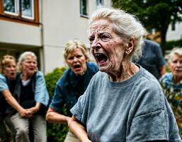 foto van boos senior mensen in verpleging huis, generatief ai