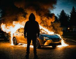 foto van Mens vervelend capuchon jasje in voorkant van brandend auto Hoes met vuur, generatief ai