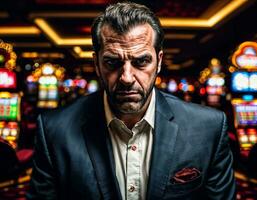 foto van boos en van streek gokker Mens in casino, generatief ai