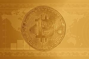 bitcoin op digitale en wereldkaart achtergrond. foto