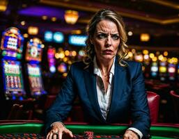 foto van boos en van streek gokker vrouw in casino, generatief ai