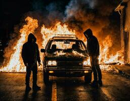 foto van Mens vervelend capuchon jasje in voorkant van brandend auto Hoes met vuur, generatief ai
