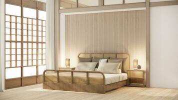Japan stijl leeg kamer versierd met houten bed, wit muur en houten muur. foto