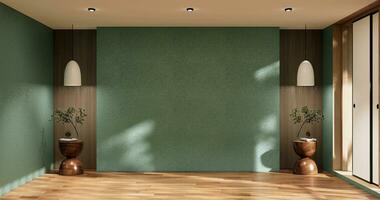 leeg kamer - groen muur Aan hout verdieping interieur en decoraties planten. 3d renderen foto