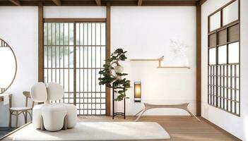 wit sofa Japans Aan kamer Japan tropisch ontwerp en tatami mat vloer. foto