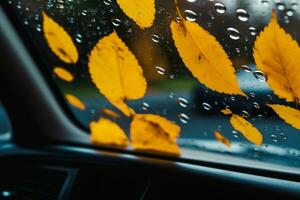 herfst bladeren en regendruppels Aan de voorruit van een auto. binnen visie. selectief focus. generatief ai. foto