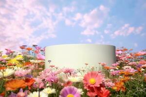 natuurlijk schoonheid podium backdrop met voorjaar roos bloem veld- tafereel. generatief ai. foto