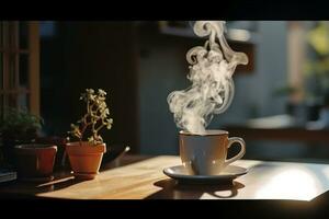 koffie Aan een houten tafel , ochtend- routine. klein huis. eerste eigendom. klein appartement interieur ontwerp. minimalisme. in beweging in. leven alleen. charmant aanhangwagen huis. generatief ai. foto