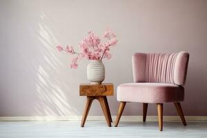 schattig roze bloemen in glas vaas geplaatst Aan houten tafel staand door klein stoel. generatief ai. foto