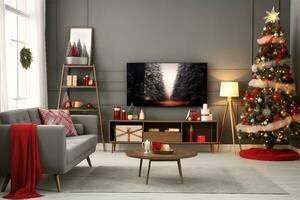 elegant leven kamer interieur met modern TV en Kerstmis boom. generatief ai. foto