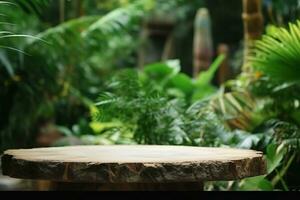 tafel top hout teller verdieping podium in natuur buitenshuis tropisch Woud tuin wazig groen oerwoud fabriek achtergrond.natuurlijk Product Cadeau plaatsing voetstuk staan Scherm. generatief ai. foto