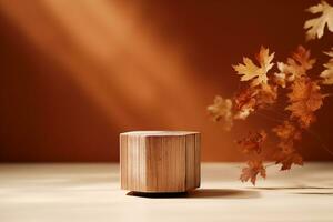 3d achtergrond, hout voetstuk podium Aan natuurlijk droog herfst blad schaduw beige achtergrond. vallen Product Promotie schoonheid schoonheidsmiddelen houten Scherm. generatief ai. foto