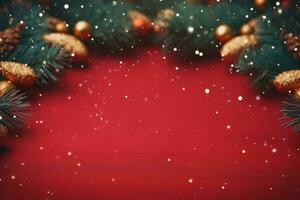 Kerstmis achtergrond met Kerstmis boom en fonkeling bokeh lichten Aan rood canvas achtergrond. vrolijk Kerstmis kaart. winter vakantie thema. gelukkig nieuw jaar. ruimte voor tekst. generatief ai. foto